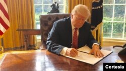 美国总统川普在签署行政令 (资料照片)