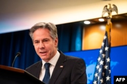 FILE - US Secretary of State Antony Blinken speaks during his end-of-year news conference on December 20, 2023, at the State Department in Washington, DC.