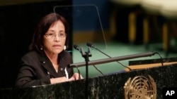 FILE - Hilda Heine, President of the Marshall Islands, addresses the United Nations at U.N. headquarters, April 21, 2016.