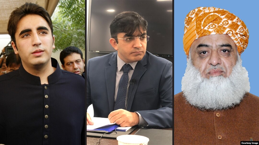 (بائیں سے دائیں)چیئرمین پاکستان پیپلز پارٹی بلاول بھٹو، پی ٹی ایم کے لیڈر محسن داوڑ اور جمعیت علمائے اسلام ف کے سربراہ مولانا فضل الرحمن، فائل فوٹو