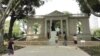 The Rodin Museum's newly refurbished entrance to the gardens; with the figure of The Thinker in the middle and figures of Adam (left) and The Shade (right) returned outdoors. (Z. Hoke/VOA)