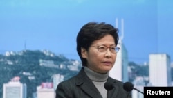 资料照：香港特首林郑月娥在记者会上。 （2022年1月31日）