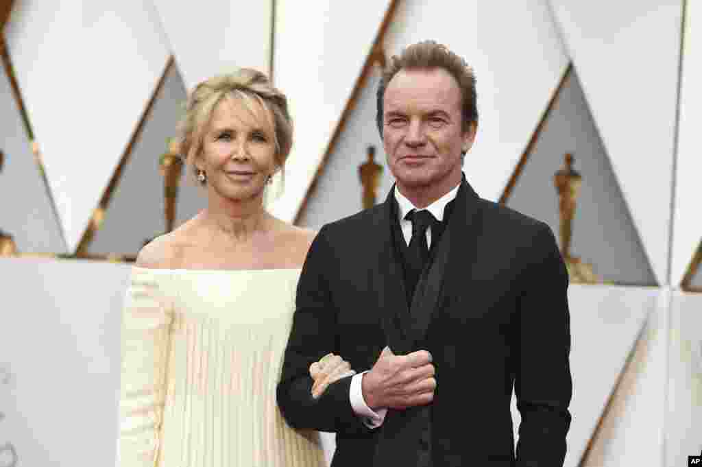 Trudie Styler, left, and Sting arrive at the Oscars on Feb. 26, 2017, at the Dolby Theatre in Los Angeles.