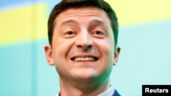 Ukraine's President-elect Volodymyr Zelenskiy during a news conference at his campaign headquarters in Kyiv, April 21, 2019.