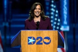 FILE - Democratic vice presidential candidate Sen. Kamala Harris speaks during the Democratic National Convention, Aug. 19, 2020, in Wilmington, Delaware.