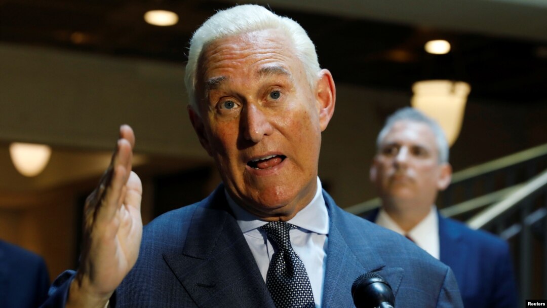 FILE - U.S. political consultant Roger Stone speaks to reporters after appearing before a closed House Intelligence Committee hearing at the U.S. Capitol in Washington, Sept. 26, 2017. 