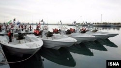 Screengrab from video showing Iranian speed boats during a March 2016 ceremony.