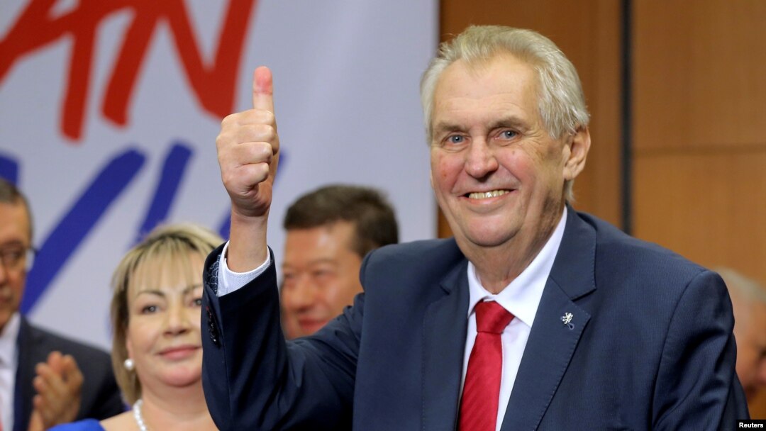 Czech President Milos Zeman reacts after his victory over pro-EU academic Jiri Drahos in the presidential election in Prague, Czech Republic, Jan. 27, 2018.