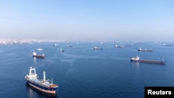 FILE PHOTO: Commercial vessels including vessels which are part of Black Sea grain deal wait to pass the Bosphorus strait off the shores of Yenikapi in Istanbul