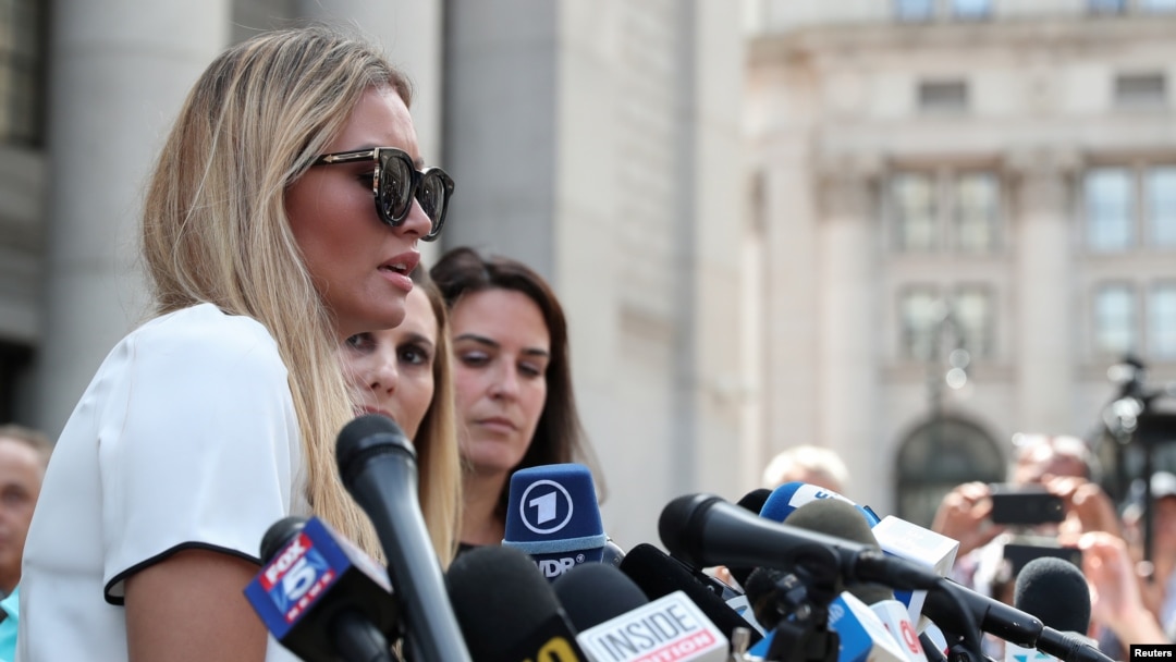 Jennifer Araoz, an alleged victim of Jeffrey Epstein, speaks to the media at Federal Court in New York, Aug. 27, 2019. 