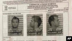 The Oct. 28, 2017, mug shots and criminal record of Victor Manuel Felix Beltran, from the Reclusorio Sur jail in Mexico City. Beltran, a financial operator for the Sinaloa Cartel and two other inmates facing extradition to the U.S., escaped in a jail van.