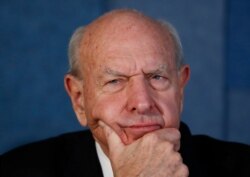 FILE - Thomas Pickering, former U.S. Ambassador to the United Nations, pauses during a news conference the at the National Press Club in Washington, Jan. 26, 2017