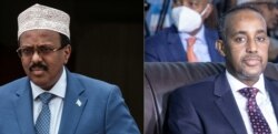 FILE - This combination of file pictures created on Sept. 7, 2021 shows Somalia's President Mohamed Abdullahi Mohamed (L), commonly know as Farmajo, and Somalia’s Prime Minister Mohamed Hussein Roble (R).