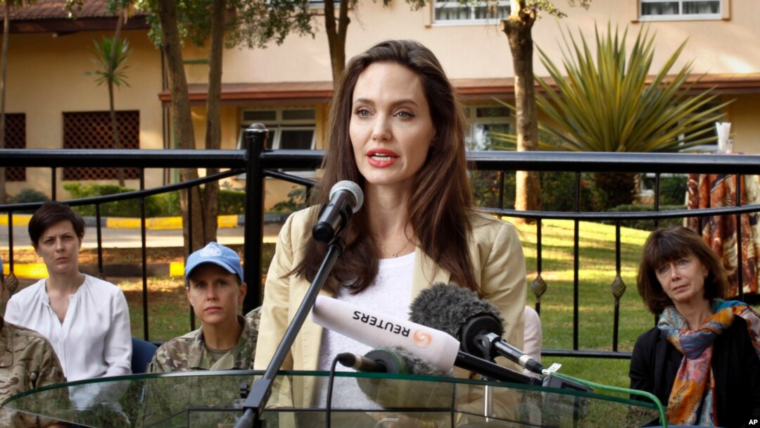 FILE - Actor-director Angelina Jolie speaks to reporters after meeting with the British Peace Support Team for East Africa, at the International Peace Support Training Center in Nairobi, Kenya, June 20, 2017. The activist spoke out against sexual violence