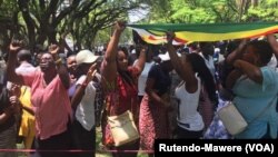 Warga Zimbabwe bergembira setelah Presiden Robert Mugabe mengundurkan diri, Selasa (21/11). 