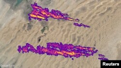 Imaging of 12 plumes of methane east of Hazar, Turkmenistan, captured by NASA's orbital imaging spectrometer. (Google Earth/Landsat/Copernicus/NASA/JPL-Caltech/Handout via REUTERS )