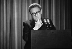In this Thursday, May 3, 1973 photo, Henry Kissinger, President Nixon's foreign affairs adviser, briefs newsmen on Nixon's annual State the World report to Congress at the White House in Washington.