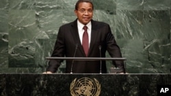 FILE - Tanzania's President Jakaya Mrisho Kikwete addresses the 70th session of the United Nations General Assembly, at U.N. Headquarters, Sept. 29, 2015.