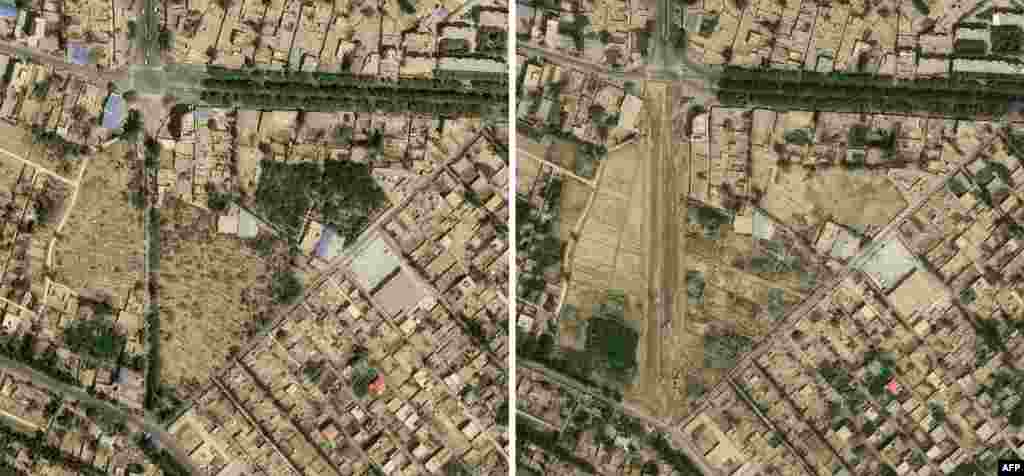 This combo of satellite images received on Sept. 30, 2019 from CNES 2019, distributed by Airbus DS and produced by Earthrise shows a picture from April 24, 2018 (top) of Teywizim cemetery (C) in Hotan, Xinjiang province and the same view on Aug. 6, 2019 with no sign of the facility. China is destroying burial grounds where generations of Uighur families have been laid to rest, leaving behind human bones and broken tombs in what activists call an effort to eradicate the ethnic group&#39;s identity in Xinjiang.