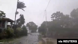 Cyclone Harold brings strong winds in Luganville, Vanuatu, April 6, 2020, in this still image obtained from a social media video. (Courtesy of Adra Vanuatu)