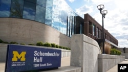FILE - Schembechler Hall on the University of Michigan Campus in Ann Arbor, Mich., is shown May 14, 2021. The building is named after legendary football coach Bo Shembechler.