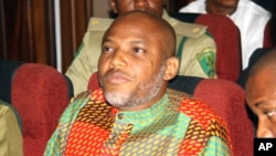 FILE—In this January 29, 2016 photo, Biafran separatist leader Nnamdi Kanu attends a court hearing at the Federal High court in Abuja, Nigeria. 