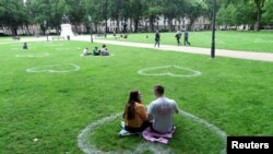 Hearts painted by a team of artists from Upfest are seen in the grass at Queen Square, following the coronavirus disease (COVID-19) outbreak, in Bristol, Britain. 
