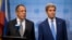 Russian Foreign Minister Sergei Lavrov, left, speaks during a news conference next to U.S. Secretary of State John Kerry at the U.N., Sept. 30, 2015.