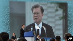 South Korean President Moon Jae-in speaks during a ceremony marking the 40th anniversary of the May 18 Democratic Uprising at May 18 Democracy Square in Gwangju, South Korea Monday, May 18, 2020.