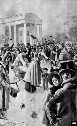 This artist's rendition shows the crush of people after President Andrew Jackson's inaugural ceremony, in Washington, D.C., on March 4, 1829. (AP Photo)