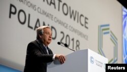 Sekjen PBB Antonio Guterres berbicara pada Konferensi Perubahan Iklim PBB atau COP24 di kota Katowice, Polandia, Senin (3/12). 