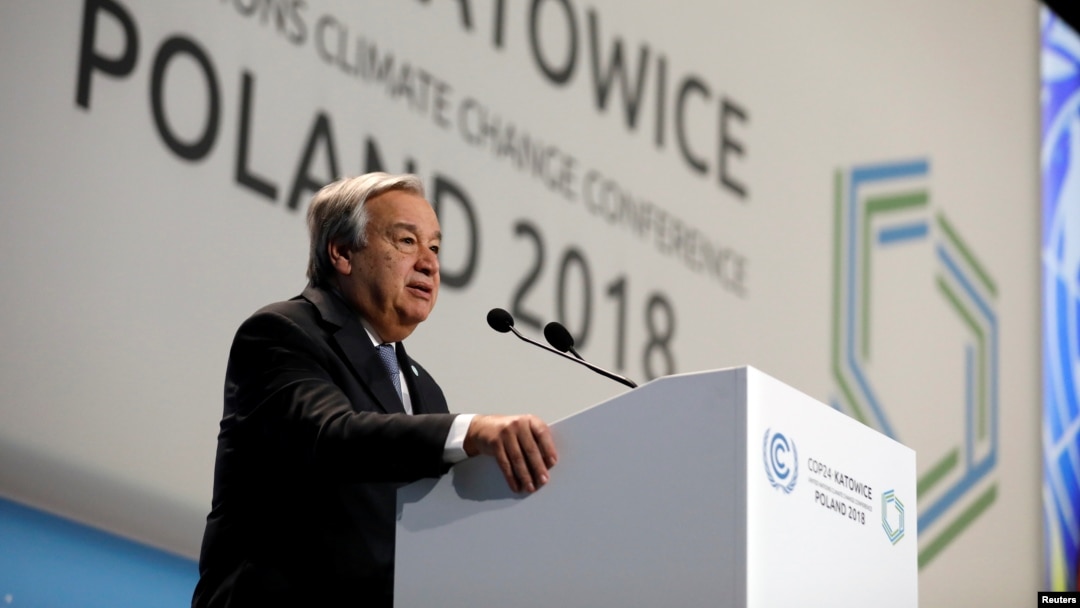 UN Secretary-General Antonio Guterres addresses during the opening of COP24 UN Climate Change Conference 2018 in Katowice, Poland, Dec. 3, 2018. 