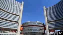 FILE - In this June 18, 2014, file photo, flags fly outside the United Nations building in Vienna, Austria.