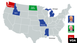 The AP says former Vice President Joe Biden won the Democratic presidential primaries in Michigan, Missouri, Mississippi, and Idaho. Sen. Bernie Sanders won the North Dakota caucuses.