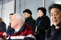 FILE - U.S. Vice President Mike Pence, North Korea's nominal head of state Kim Yong Nam, North Korean leader Kim Jong Un's sister Kim Yo Jong, and Japanese Prime Minister Shinzo Abe at the Winter Olympics opening ceremony in Pyeongchang, South Korea, February  9, 2018.