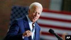Democratic presidential candidate former Vice President Joe Biden speaks during a campaign event at Keene State College in Keene, New Hampshire, Aug. 24, 2019.