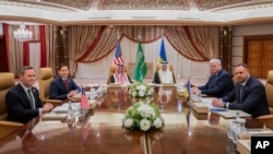 U.S. Secretary of State Marco Rubio, White House national security adviser Mike Waltz, Ukrainian Foreign Minister Andrii Sybiha, Ukrainian Head of Presidential Office Andriy Yermak, hold a meeting in Jeddah, March 11, 2025.