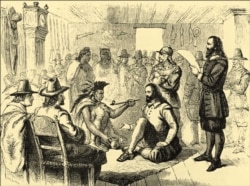 This ca. 1898 engraving imagines the first negotiations between Pokanoket Wampanoag chief Ousamequin (Massasoit) and the Puritan settlers at Plymouth, Massachusetss.