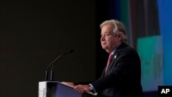 Sekjen PBB Antonio Guterres dalam upacara pembukaan KTT IKlim PBB (COP26) di Glasgow, Skotlandia, 1 November 2021. (AP Photo/Alberto Pezzali)