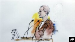 In this artist rendering, Jared Loughner makes his first court appearance in Phoenix, Ariz. to face charges he tried to assassinate Rep. Gabrielle Giffords in a shooting rampage that left six people dead, 10 Jan 2011