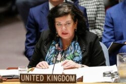 Karen Pierce, the U.K. ambassador to the United Nations, speaks during an emergency U.N. Security Council meeting on Syria at U.N. headquarters in New York, April 14, 2018.