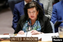 Karen Pierce, the U.K. ambassador to the United Nations, speaks during an emergency U.N. Security Council meeting on Syria at U.N. headquarters in New York, April 14, 2018.