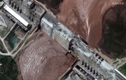 FILE - A handout satellite image shows a closeup view of the Grand Ethiopian Renaissance Dam (GERD) and the Blue Nile River in Ethiopia, June 26, 2020.
