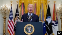 President Joe Biden speaks about the American troop withdrawal from Afghanistan, in the East Room of the White House, in Washington, July 8, 2021. 