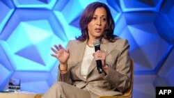 FILE - U.S. Vice President Kamala Harris speaks about the economy at 100 Black Men of America Inc.'s annual conference in Atlanta, June 14, 2024.