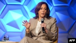 U.S. Vice President Kamala Harris speaks at the 100 Black Men of America's 38th Annual Conference in Atlanta, Georgia, on June 14, 2024. Later Friday, Harris was to depart for Switzerland, where she will take part in the Ukraine Peace Summit.
