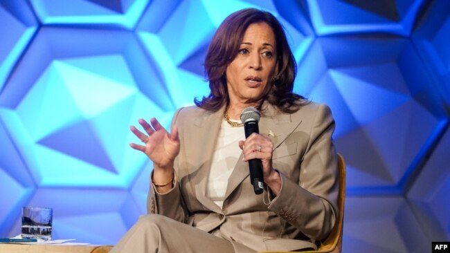 FILE - Vice President Kamala Harris speaks about the economy at 100 Black Men of America Inc.'s annual conference in Atlanta, June 14, 2024.