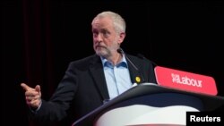 FILE - Opposition Labour Party leader Jeremy Corbyn speaks during a conference in Liverpool, England, Sept. 24, 2016.