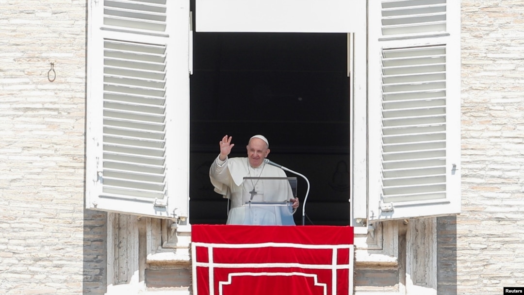 Pope Francis leads the Regina Coeli prayer from his window at St. Peter's Square at the Vatican, April 25, 2021. REUTERS/Remo Casilli