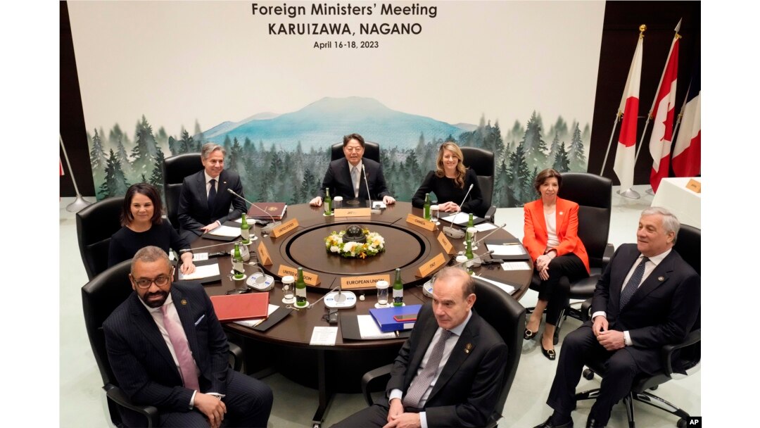 Pertama pertemuan para menteri luar negeri G7 di sebuah hotel di Karuizawa, prefektur Nagano, Jepang Senin, 17 April 2023. (Foto: via AP)
